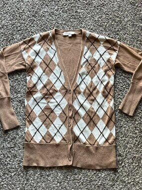 Loft Wool Brown Argyle Cardigan Size S Preppy Officewear Spring Grandmacore Top